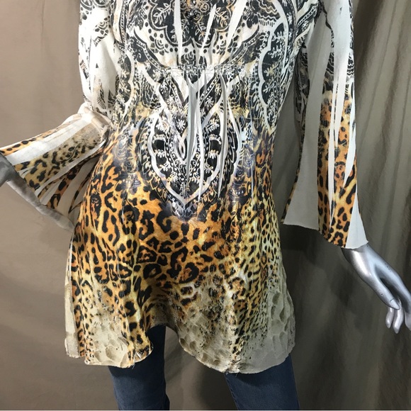 Bleu Womens Small Top Animal Print Flowy Y2K Colorful Stretch Knit Tunic Mandala - Picture 6 of 16